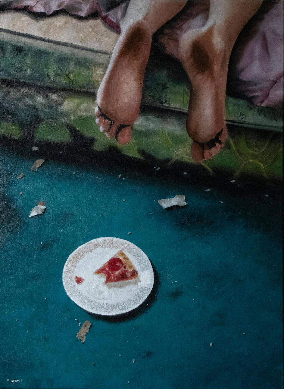 Depression Pizza. 2023. Oil Painting. 18” x 24”